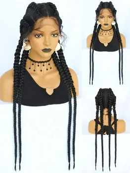 Multi Strand Braided Synthetic Lace Wig, Black Braided Lace Front Wig for Women's Daily Use 4 Strand Braided Lace Wig