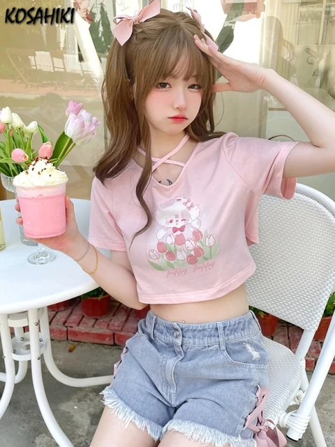 Y2k Aesthetic Fashion Cropped Tops Women Short Sleeve Cartoon Print Kawaii  O Neck T-shirts All Match Casual Harajuku Slim Tees - AliExpress