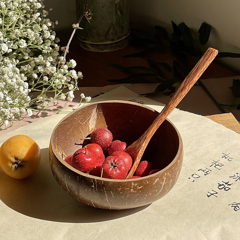 Natural Coconut Bowl Wooden Handmade Coconut Bowls for Eating Tableware Fork Spoon for Dessert Fruit Salad Mixing Rice tableware set wooden tableware