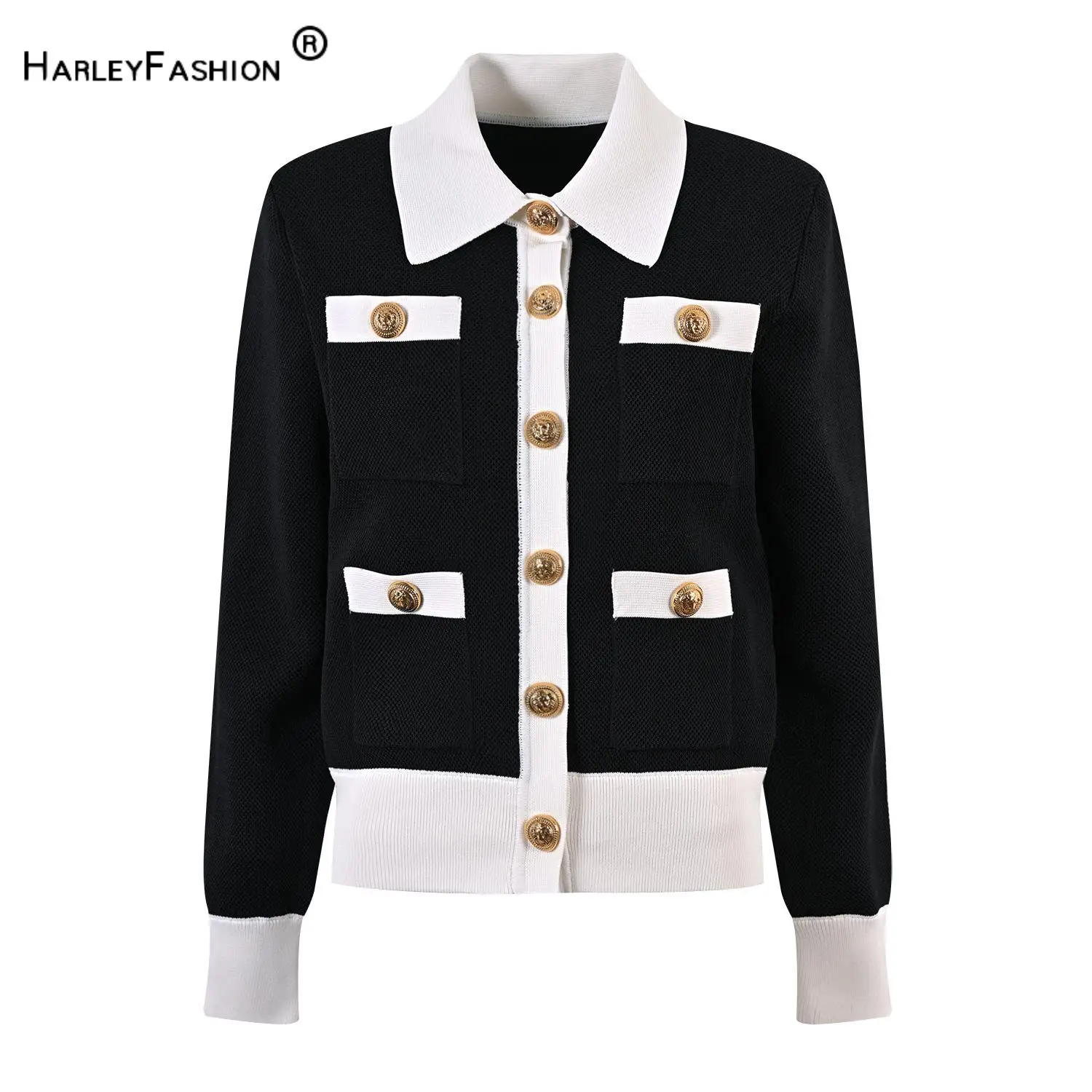 

Women Autumn Vintage Elegant Style Colorblock Coat Single-breasted Turn-down Collar Knitted Lady Casual Cardigan