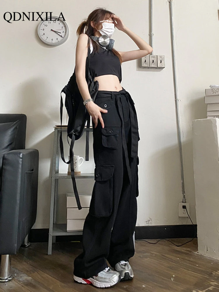 

2022 Autumer Winter Baggy High Waist Jeans Harajuku Pocket Cargo Pants Women Trousers Casual Vintage Streetwear Black Oversize