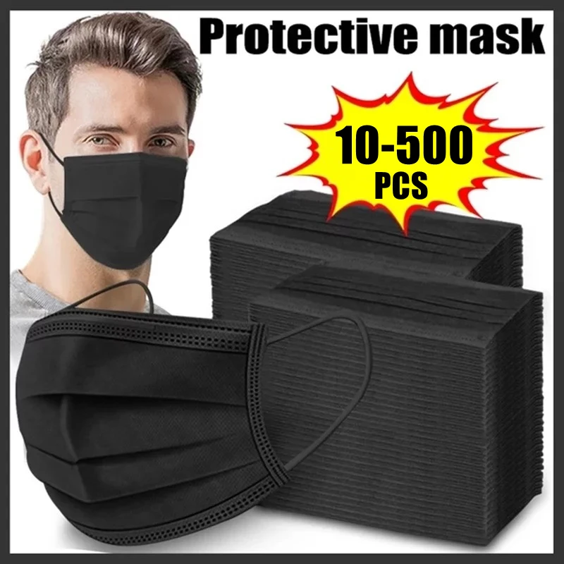 

10-500PCS Black Disposable Face Mask Industrial 3 ply Ear Loop Adult Adjustable Black Mouth Masks Nonwove Filter Mask Fast Ships