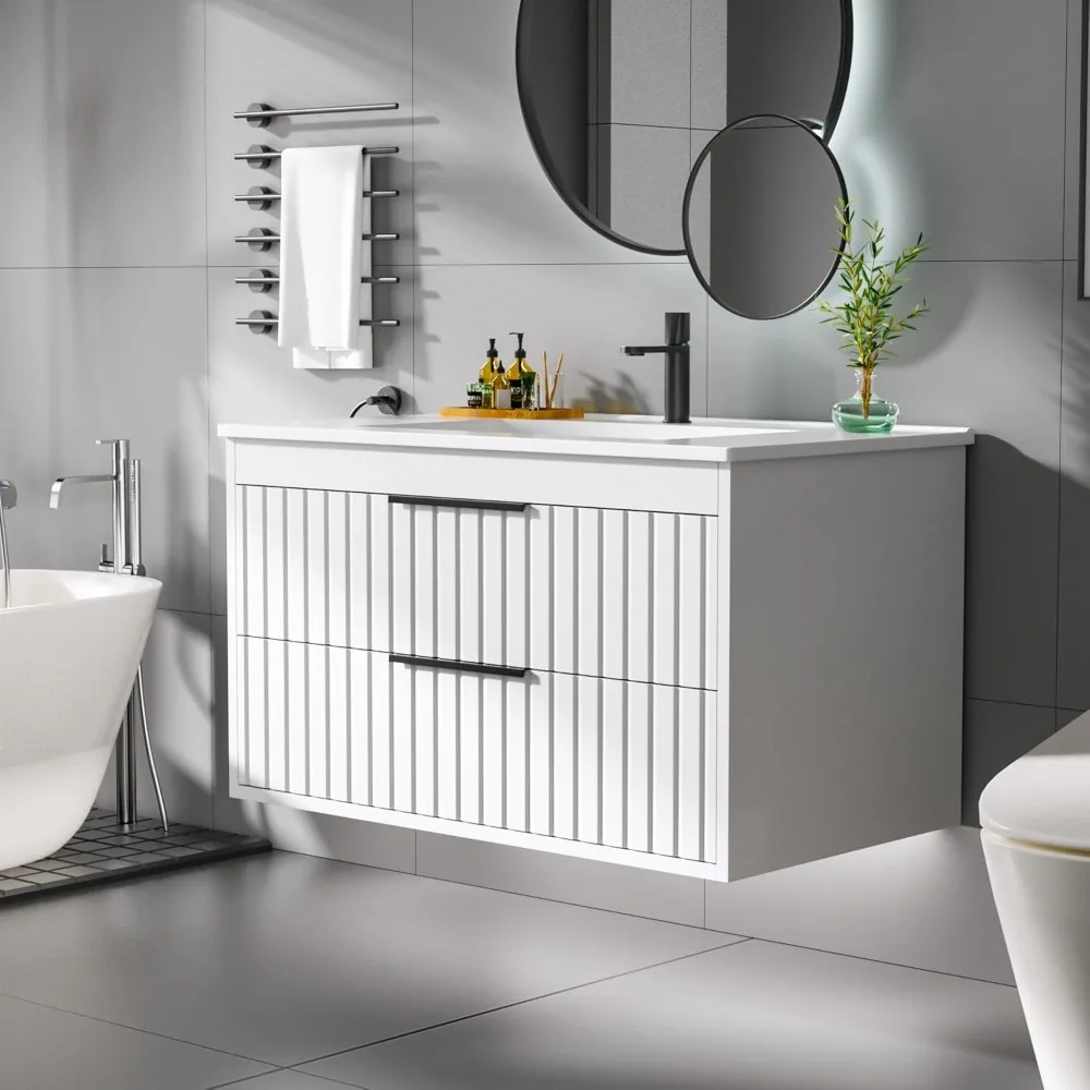 30" Bathroom Vanity with Sink, Floating Wall Mount, Soft-Close Function, Grooved Stripe Design, Hidden Damping Drawers (White) 3