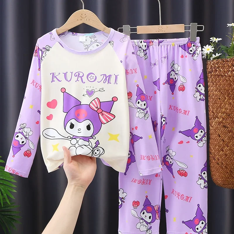 Sanrio Autumn Children&rsquo;s Milk Silk Pajama Set Kawaii Sanrioed Anime Cinnamoroll Kuromi Pajama Children&rsquo;s Home Clothing children pajama set