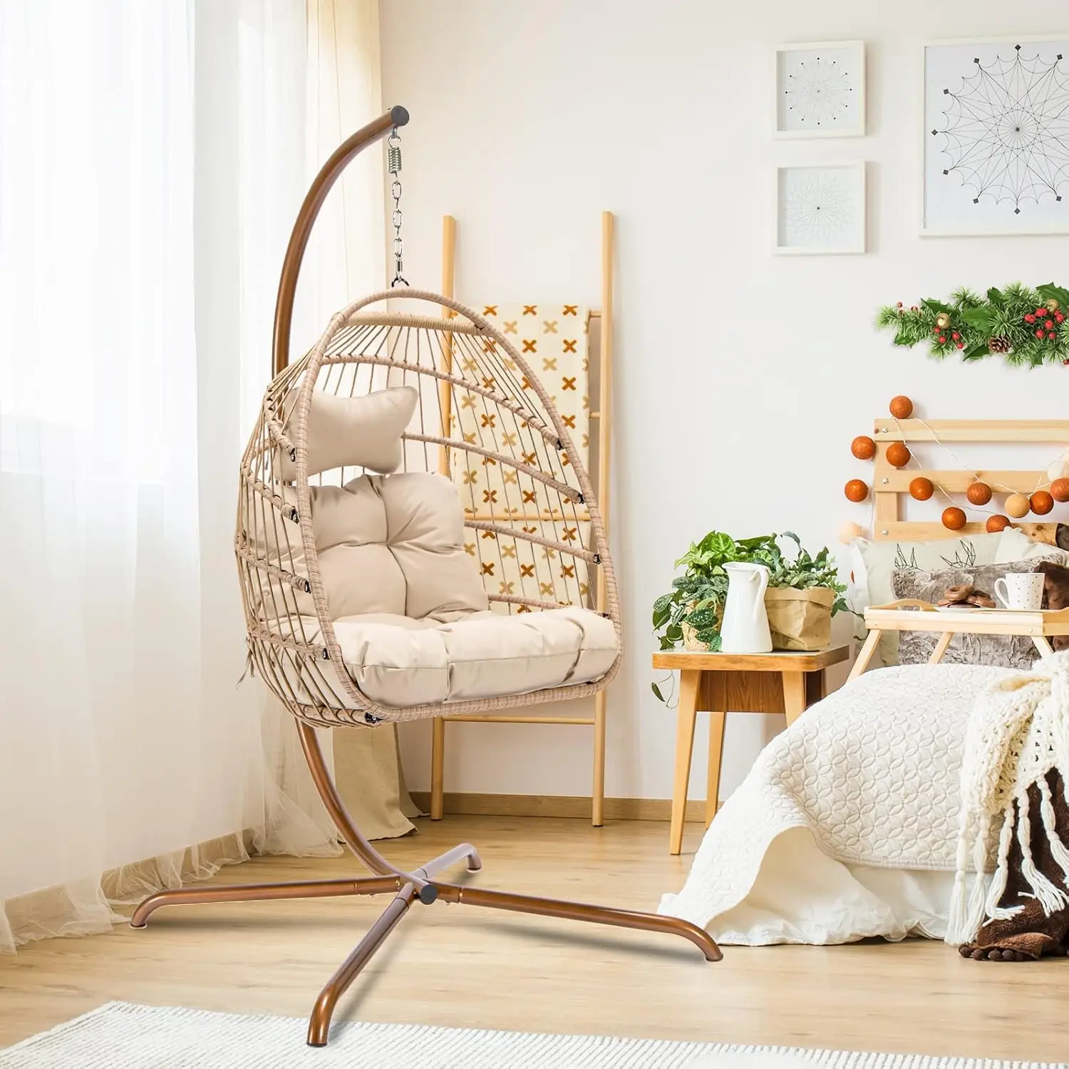 Swing Egg Chair with Stand Indoor Outdoor Wicker Rattan Patio Basket Hanging Chair UV Resistant Cushions 350lbs Capacity