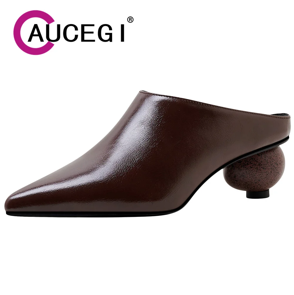 

Aucegi Sexy Strange Style Round Heel Mules Ladies Classical Simplicity Genuine Leather Slippers Women Pointed Toe Slip On Shoes