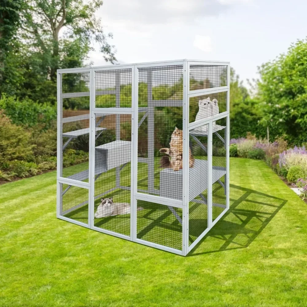 72 Inch Wooden Catio Outdoor Cat Enclosure w/ 2 Napping Houses, Luxury Kitty-House with 7 Jumping Platforms