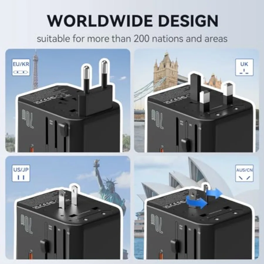 Universal Travel Adapter International Plug Adapter with 3 USB-C PD Fast Charging and 2 USB-A Quick Charger Worldwide Adaptor f 2