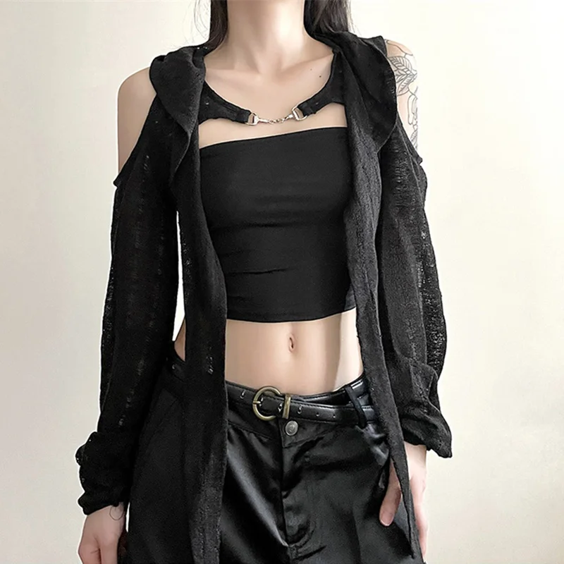 Combhasaki Women's Y2K Gothic Suncreen Cardigan Tops for Beachwear swimsuit cover up,swimsuit coverup,chiffon cardigan top