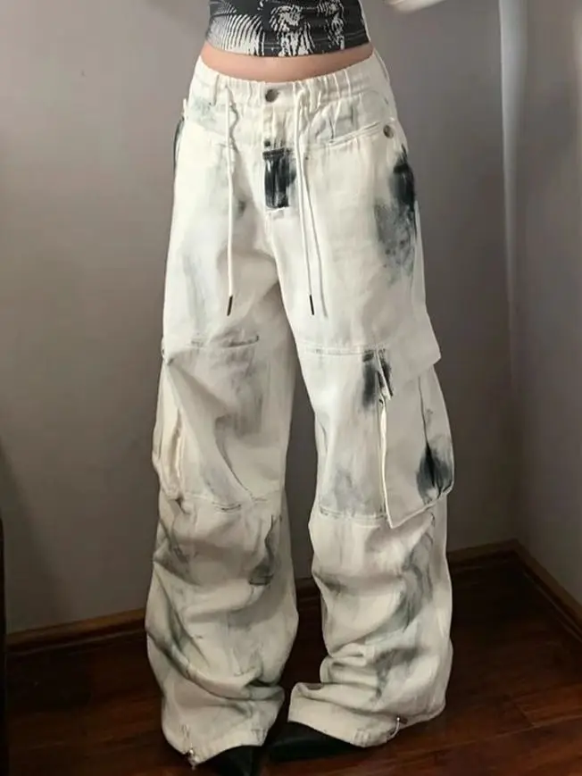 

Cargo Pocket Baggy Jeans Graffiti Colorblock Tie Dye Women Denim Pants y2k Streetwear Plus Size Wide Leg Straight Long Boyfriend