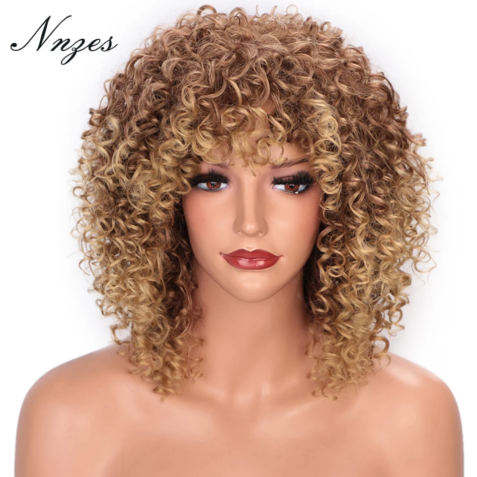 NNZES Afro Synthetic Wig Kinky Curly Wig for Black Women Short Mixed Brown Blonde Wig with Bangs Heat Resistant Fiber Hair