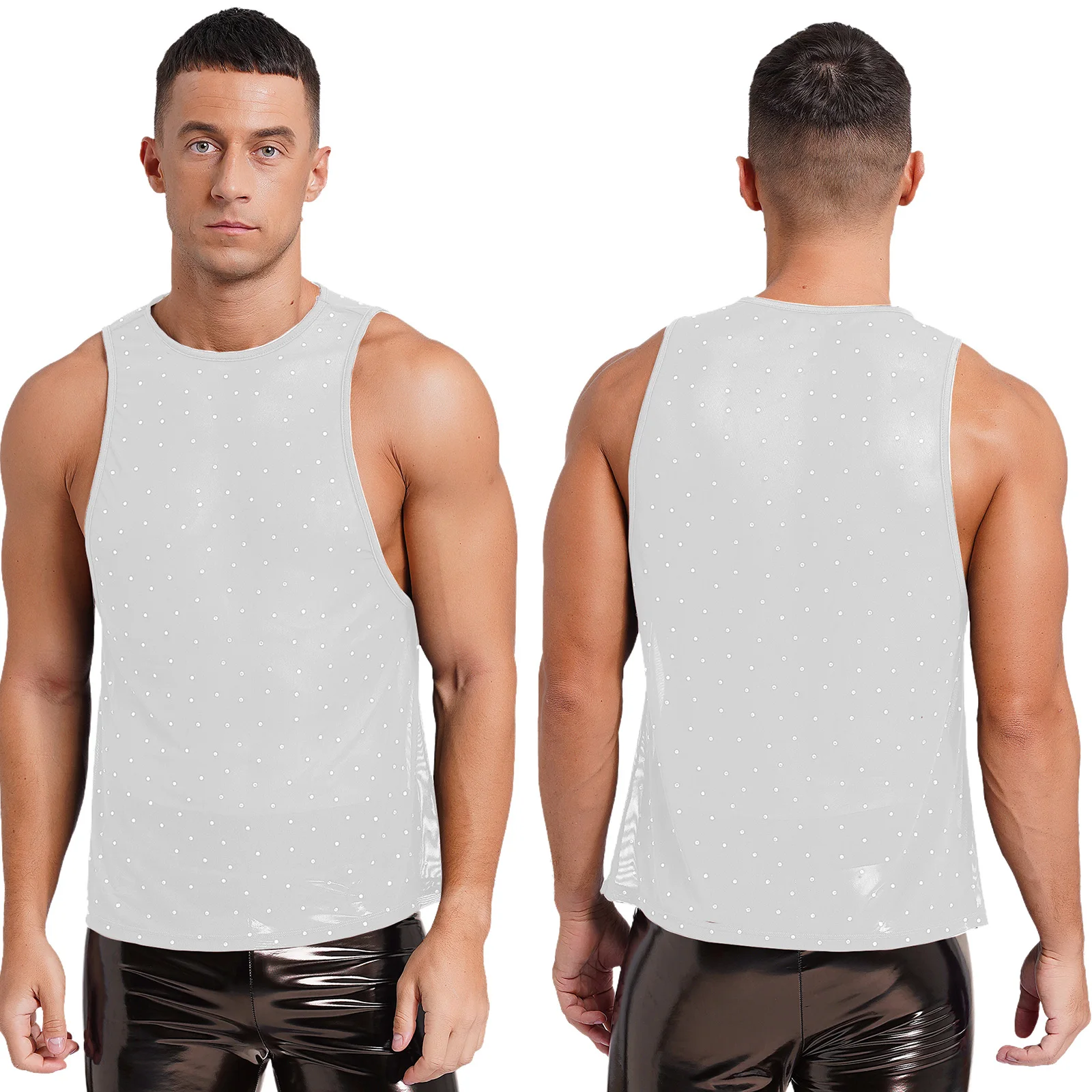 Chaleco de malla transparente para hombre, chaleco transparente con diamantes de imitación brillantes, camiseta sin mangas, Top Sexy para culturismo muscular, gimnasio y Fitness