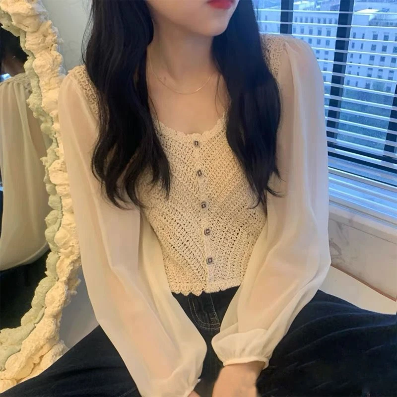 여성 쉬폰 퍼프 긴 소매 자르기 가디건 라운드 넥 버튼 크로 셰 뜨개질 블라우스