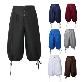 Pantaloni da Pirata, Pantaloni Medievali Rinascimentali Vichinghi, Pantaloncini Cosplay con Lacci Posteriori