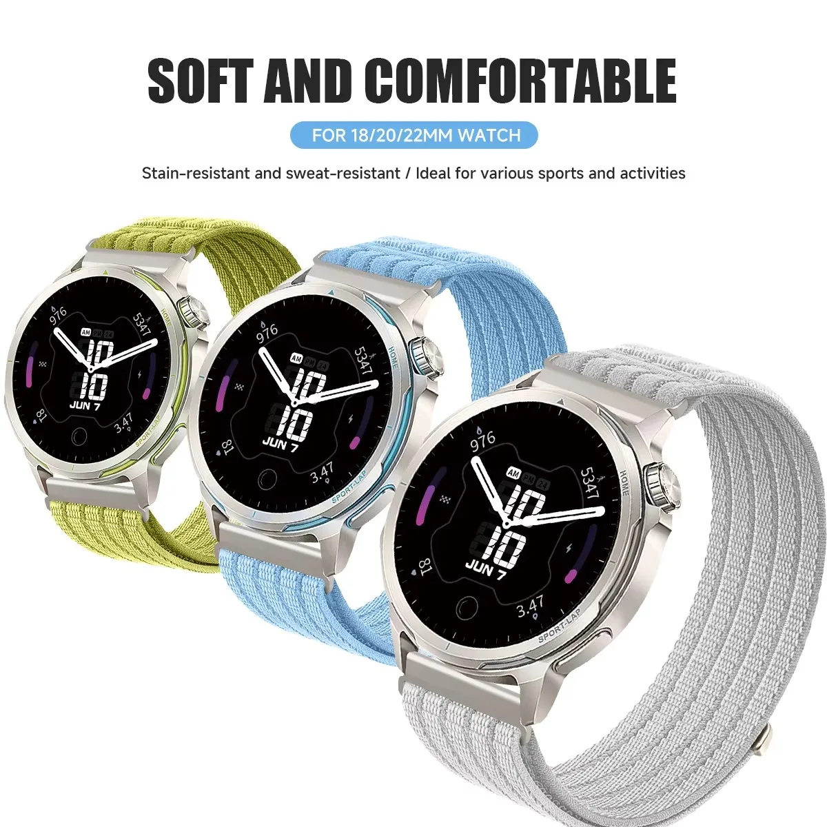 Nylon Sport Band Soft Wristband - Adjustable Strap for Smartwatches (18/20/22mm)