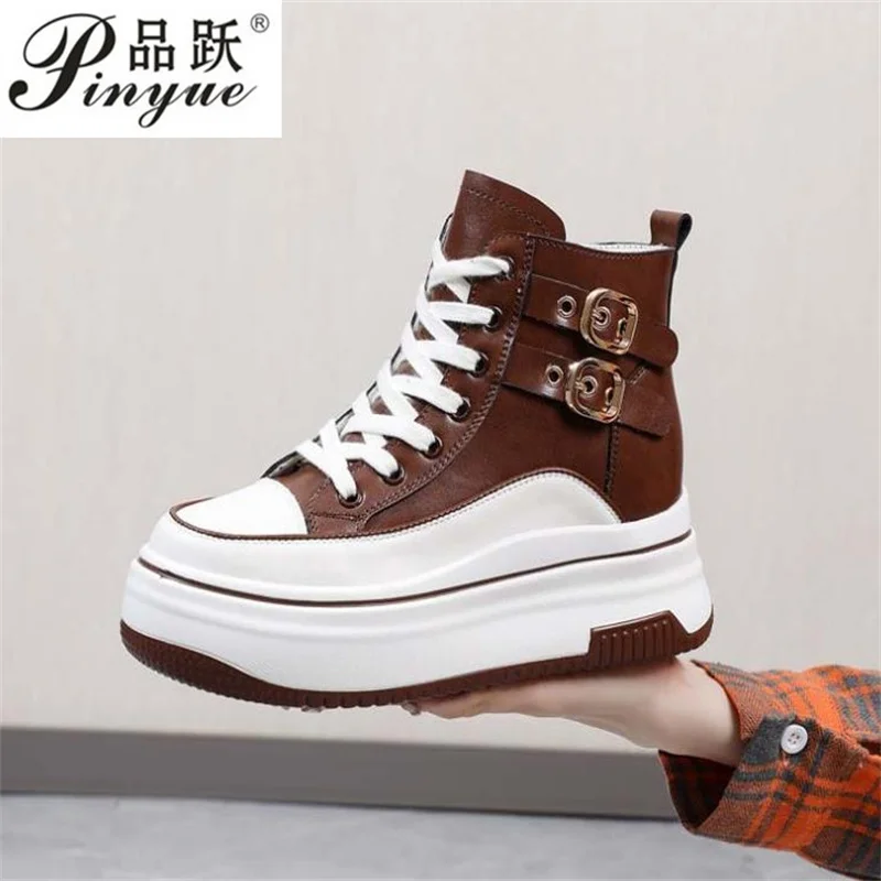 

8cm Genuine Leather Women Ankle Boots Platform Casual Leisure Lace Up Mixed Color Double Belt Buckle Lady Breathable Ankle boots