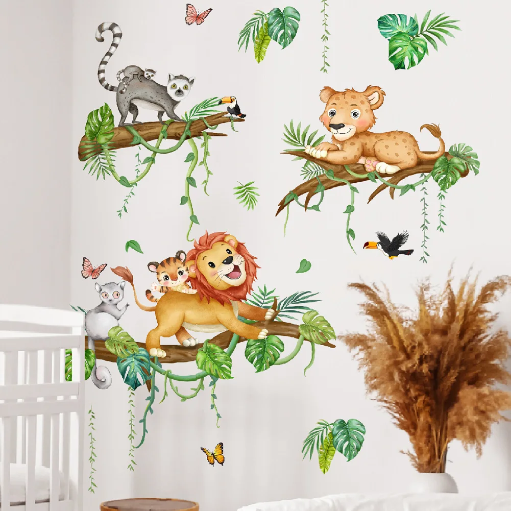 Cartoon Forest Animals Wall Sticker For Kids Room Bedroom Decoration Mural Cute Lion Raccoon Nursery Decor Self-adhesive Decals wall stickers vinyl decal stickers