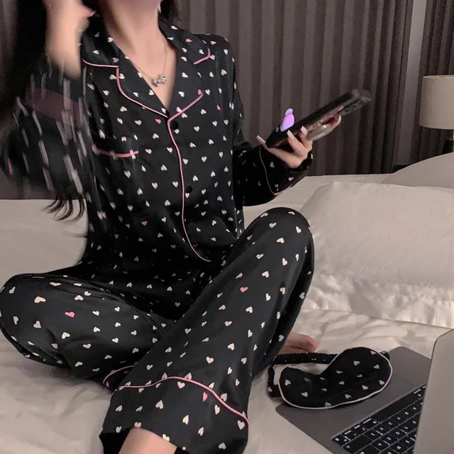 Spring and Summer New Women's Senior Ice Silk Women's Pajamas Love Teenage Girls Students Casual Pajamas Homewear Two-Piece Set