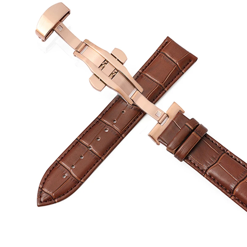 Cowhide Leather Watch Strap with Stainless Steel Butterfly Buckle – Gold/Rose Gold Finish