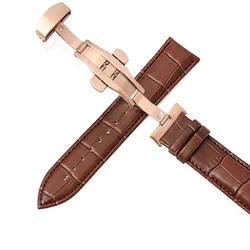 Cowhide Leather Watch Strap with Stainless Steel Butterfly Buckle - Gold/Rose Gold Finish - 20mm (Brown rose buckle)