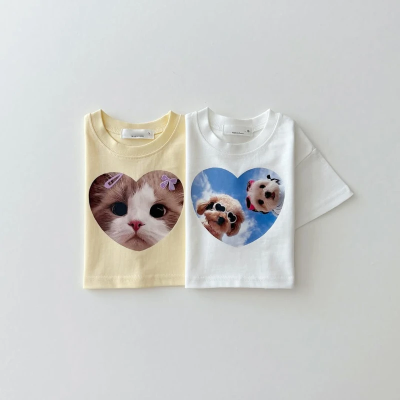الصيف في سن المراهقة القطن تي شيرت الكرتون الحب الكلب طباعة ملابس الاطفال أزياء تي شيرت طفل الفتيان الفتيات لطيف قصيرة الأكمام ملابس أطفال