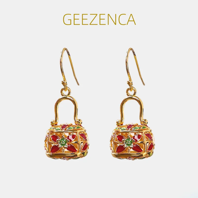 

GEEZENCA S925 Silver Cloisonne Handbag Shaped Dangle Earrings For Women Colorful Enamel 18K Gold Ethnic Chic Earring 2023 New