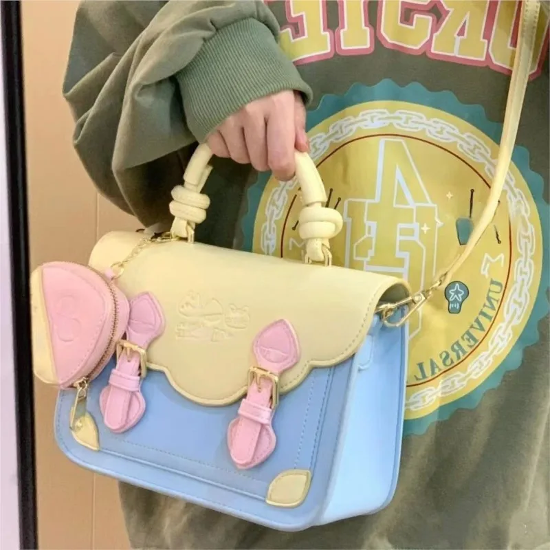 Sweet Cute Color Block Handbag Women JK Academy Style Square Leather Shoulder Bag Ladies Fashion Minimalist Kawaii Messenger Bag