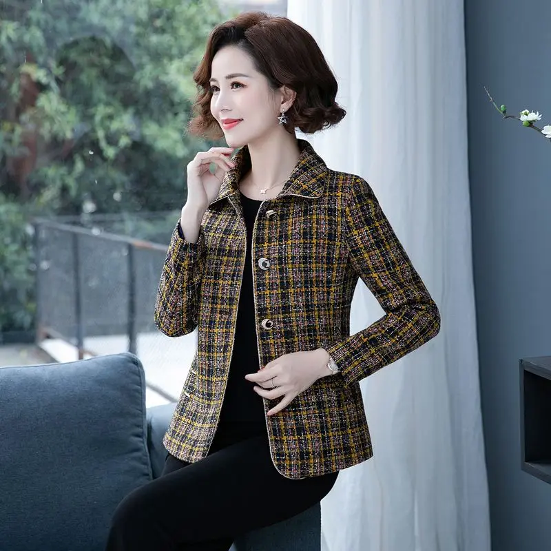 

Casual Checked Jacket for Women Spring Autumn 2023 New Trendy Outerwear Oversized Regular Fit Long Sleeve Lapel Mom Jacket Q125