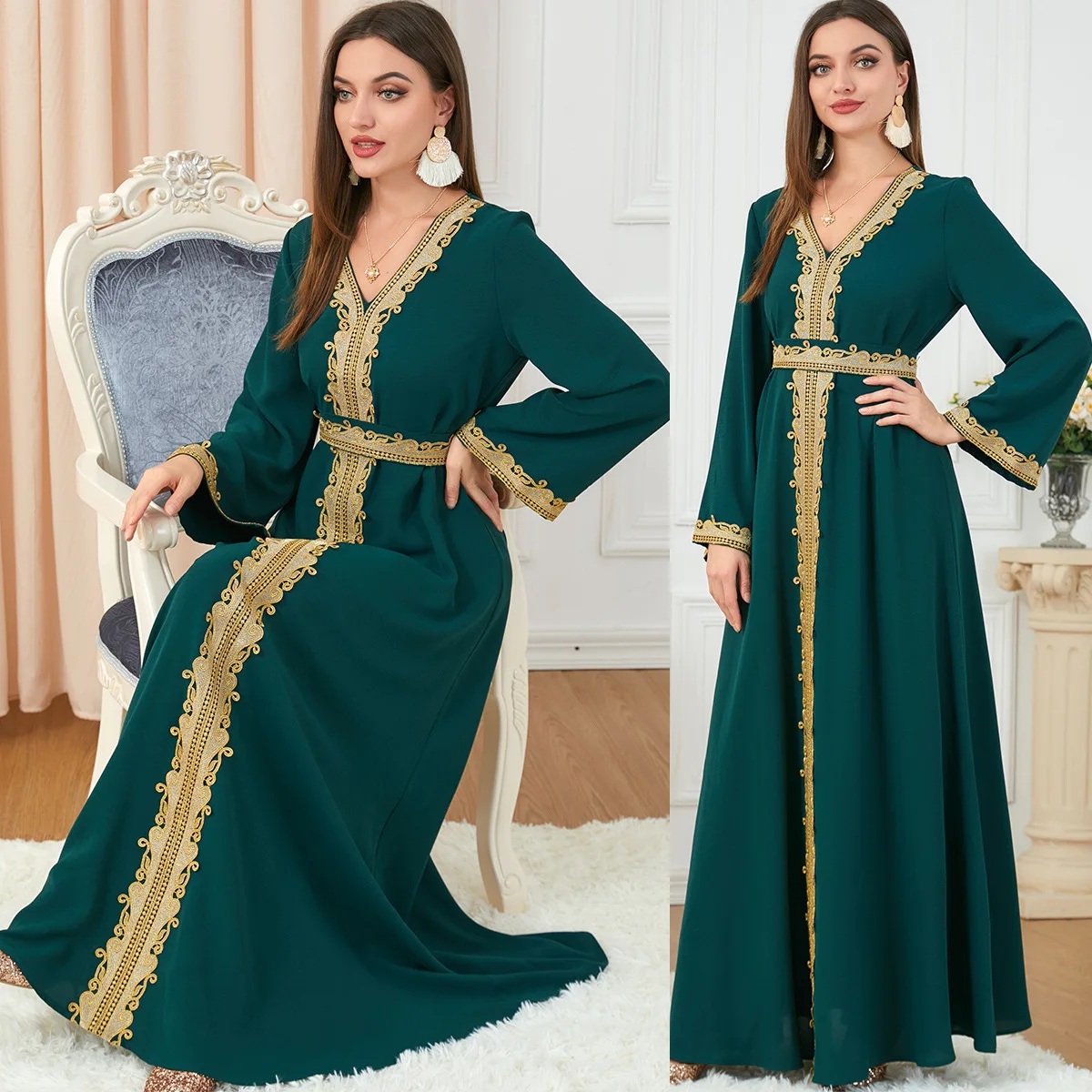 Dresses For Muslim Women Lace Embroidery V-Neck Long Sleeve Party Maxi Dress With Belt Elegant Moroccan Kaftan Turkey Wears