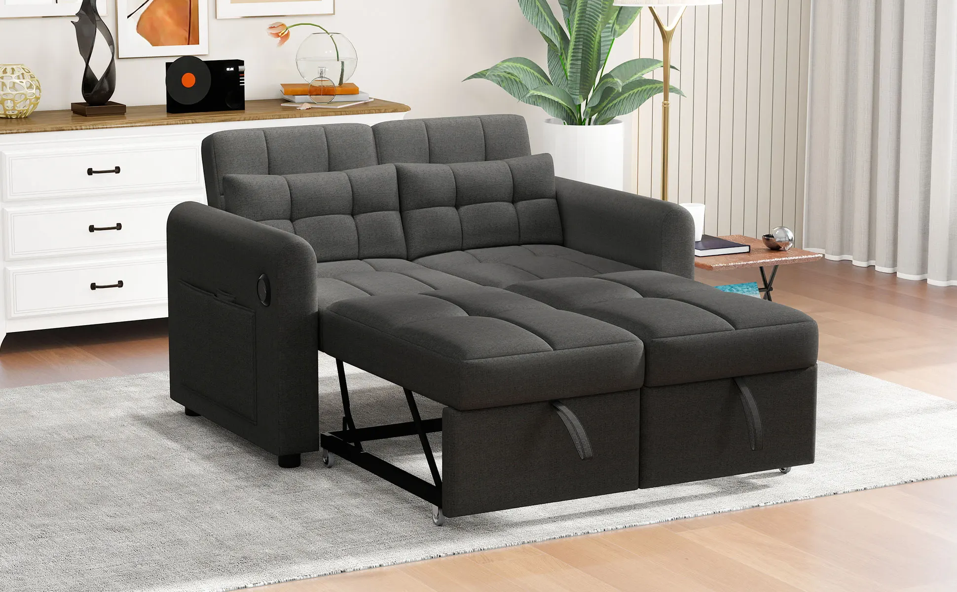 Modernes 3-in-1 Konvertierbares Zweisitzer-Sofa mit Verstellbarer Rückenlehne, USB, Armlehnen-Taschen und Kissen für Wohnzimmer oder Schlafzimmer – Detail 25