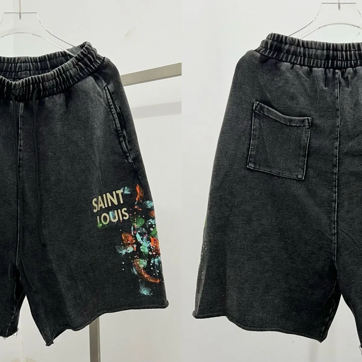 2024FW Summer SAINT LOUIS Washed, Worn Out, Spicy Ink Graffiti, Water Diamond Shorts, Men's and Women's Curled Casual Shorts