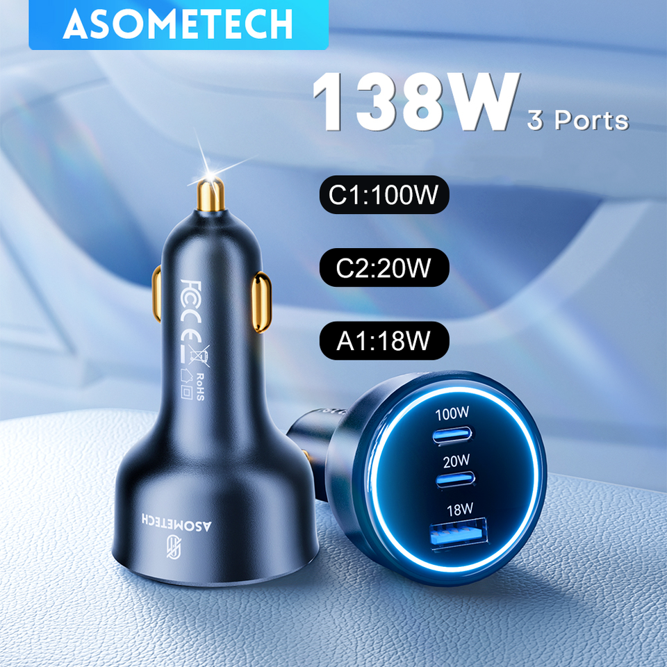 ASOMETECH 138W USB C Car Charger For Xiaomi iPhone 15 Samsung Galaxy S24 Laptop Tabet PD3.0 Fast Charging USB Type C Car Charger
