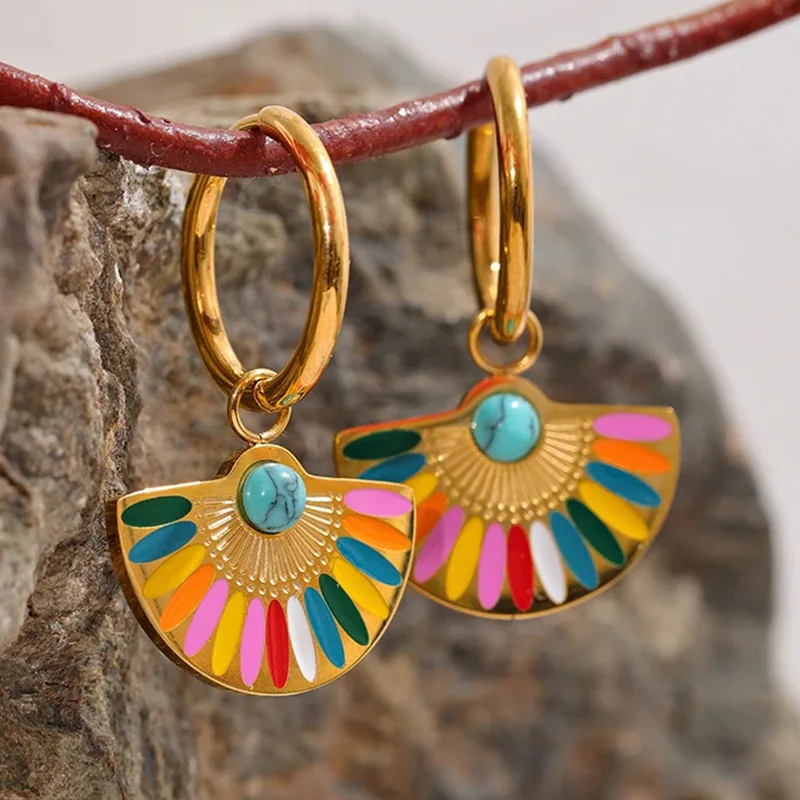 

New Y2K Colorful Enamel Stainless Steel Fan Geometric Bohemian Rainbow Drop Hoop Earrings Women Trendy Fashion Charm Jewelry