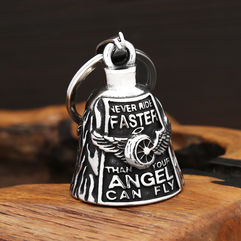 Neue Vintage 316L Edelstahl Motorrad Fahrrad Glocke Engel Flügel Rad Schlüsselanhänger Für Männer Mode Punk Glück Schmuck Dropshipping