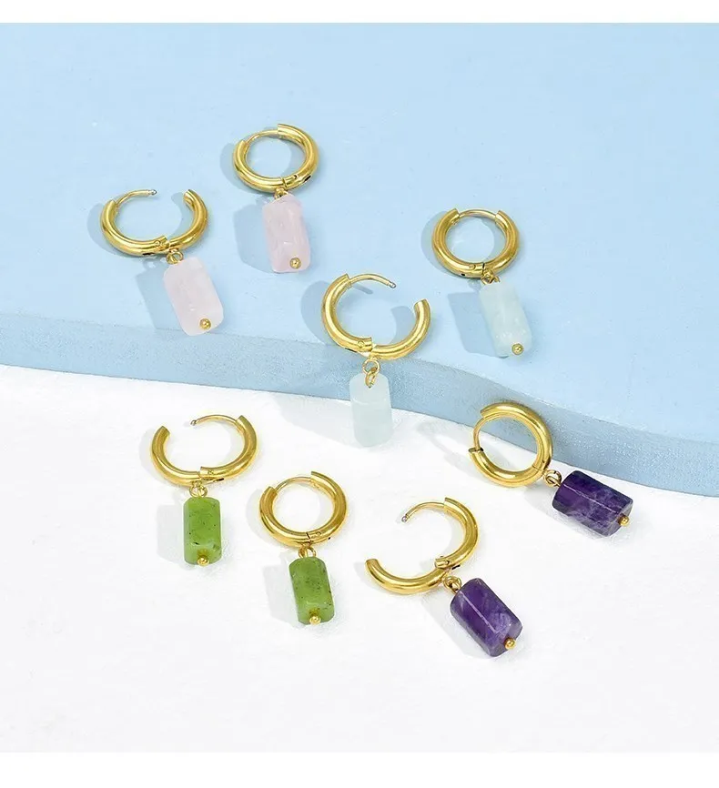 Natural Stone Amethyst Aquamarine Cylinder Shape Stainless Earring Women Reiki Healling Pendant Earring Fashion Jewelry Gifts