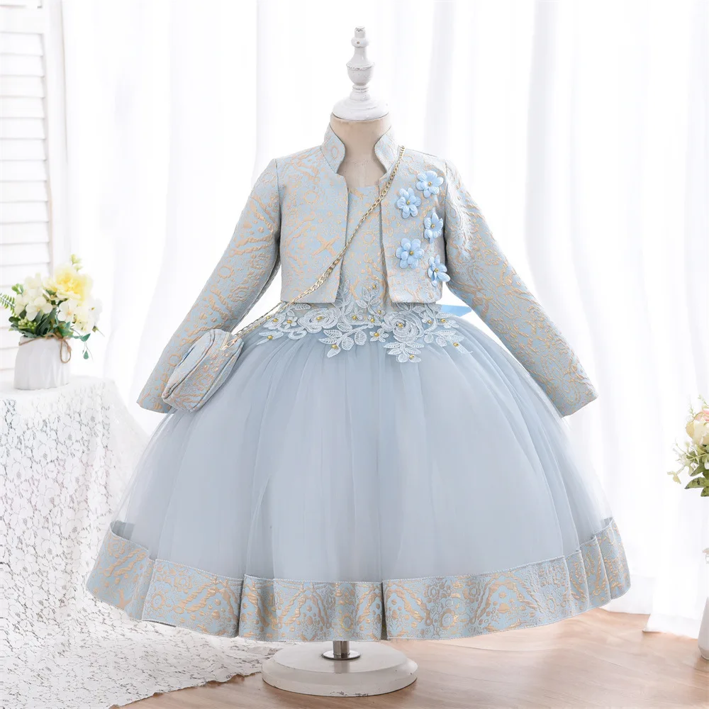 

Kids Birthday Party Dresses for Little Girl Size 5 To 9 Years Prom Sequin Dress 2022 Luxury Gowns Sky Blue Evening Formal Frock