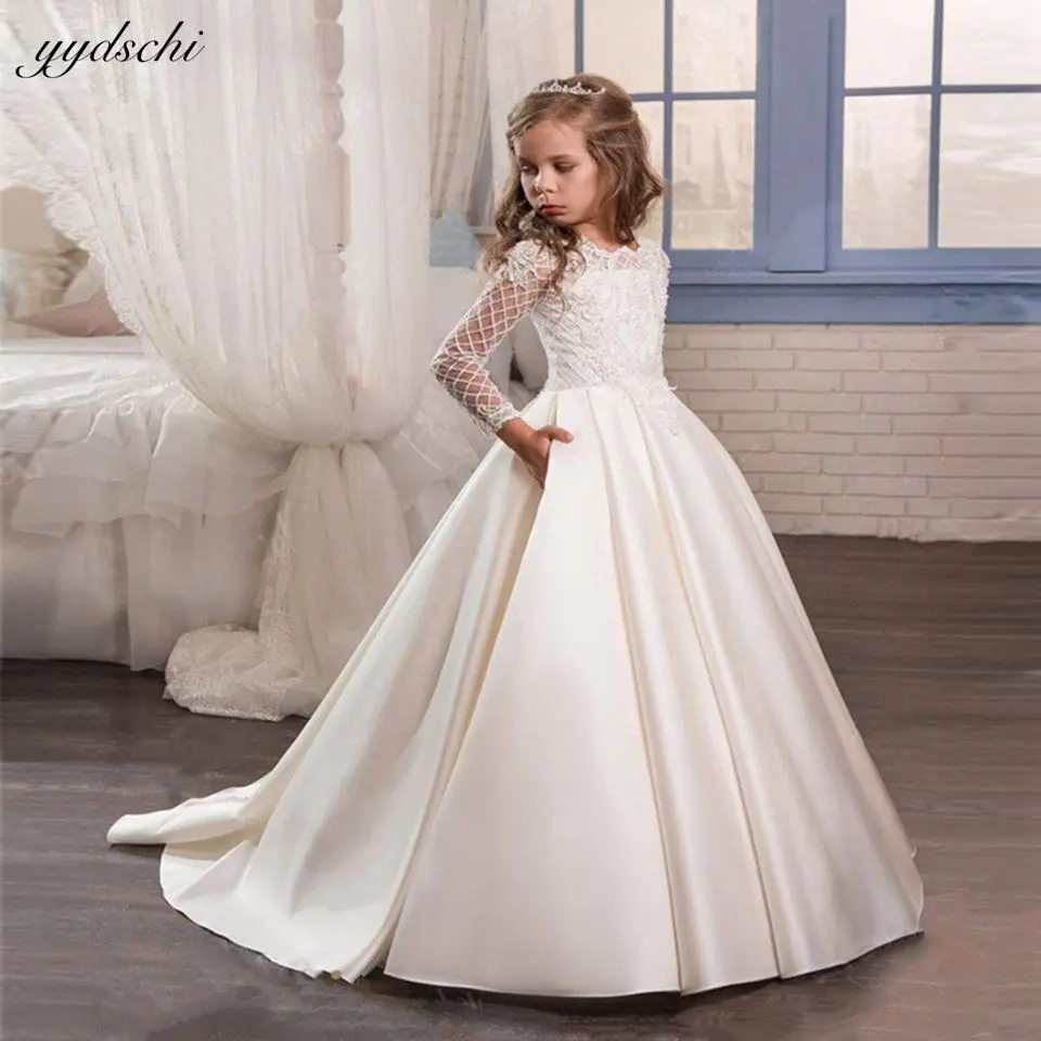 

Elegant White/Ivory Long Sleeves Flower Girl Dress For Wedding 2023 Satin Appluiques Princess Kids Pageant First Communion Gowns