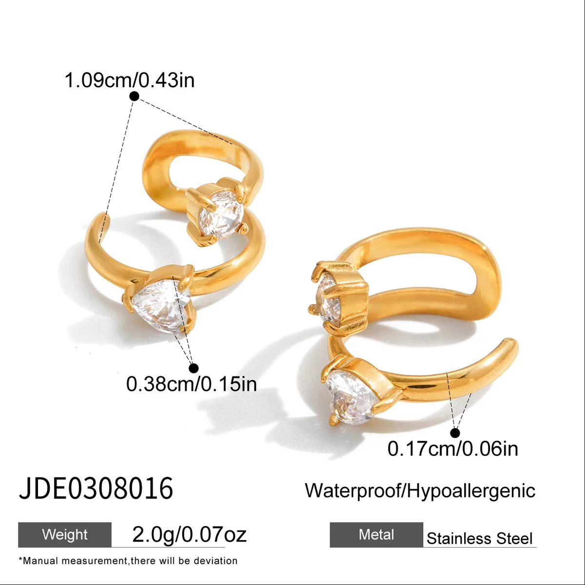 Uworld Minimalist White Zircon Two Hearts Ear Studs 18K PVD Stainless Steel Gold Color Ear Clip Women's Jewelry Gift Sc353ddf86283439aad36eb08abb9a6f3P