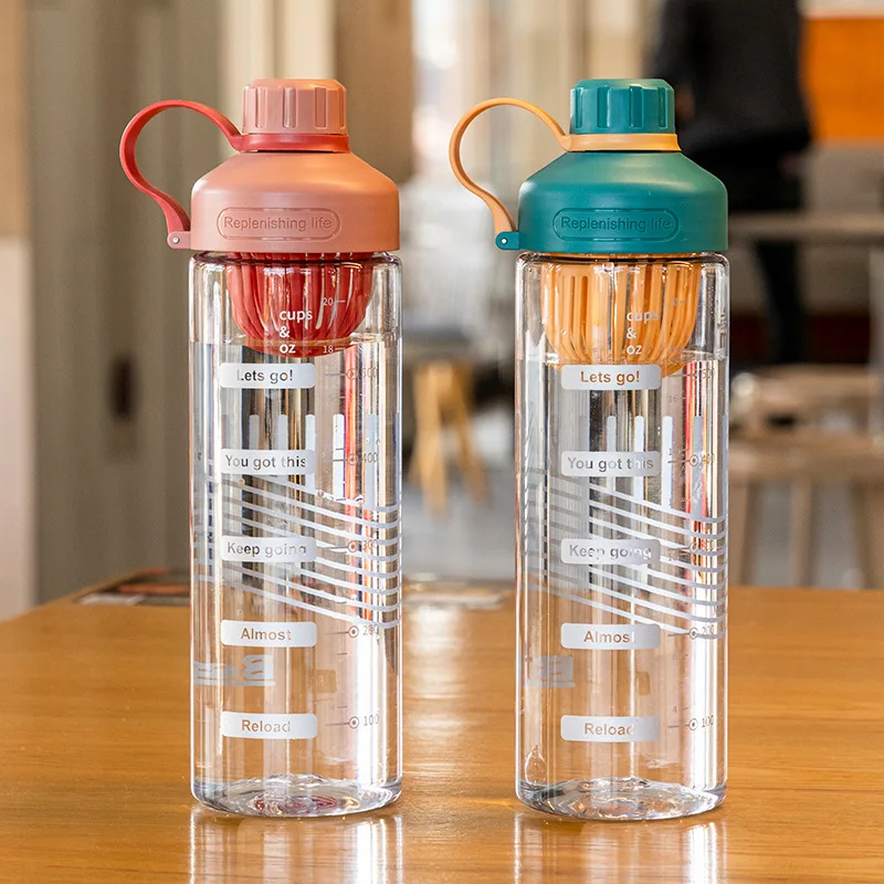 Large Capacity Water Bottle With Tea Divider Cup Plastic Water Cup Time Scale Frosted Outdoor Sports Gym Student Couple Girl