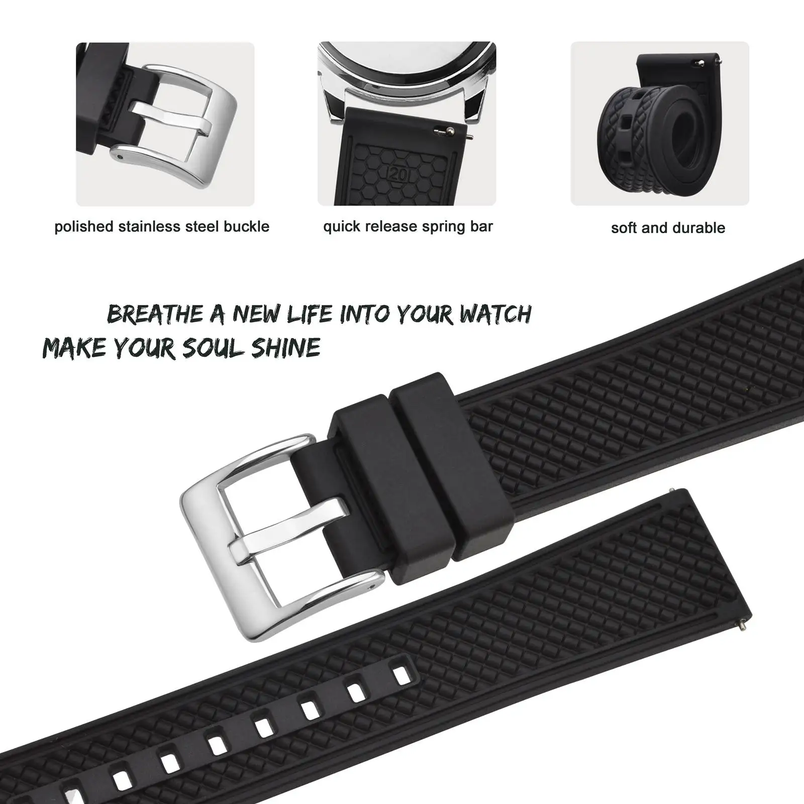 BISONSTRAP High Performance Fluororubber Watch Strap 18mm 20mm 22mm Rubber Quick Release Strap for Men Women Sports Watchband