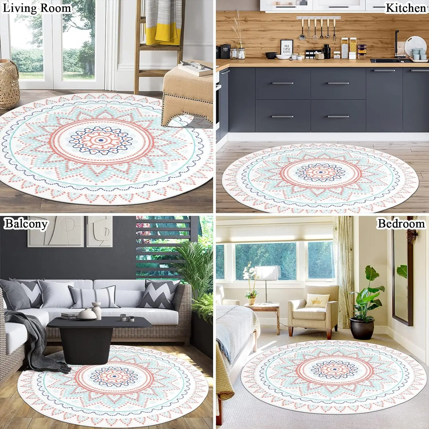XIAOHUKK Mandala Fleur De Vie Tapis Rond Salon Canapé Table Coussin Éponge Douce Chambre Table De Chevet Tapis Salle De Bain Décoration