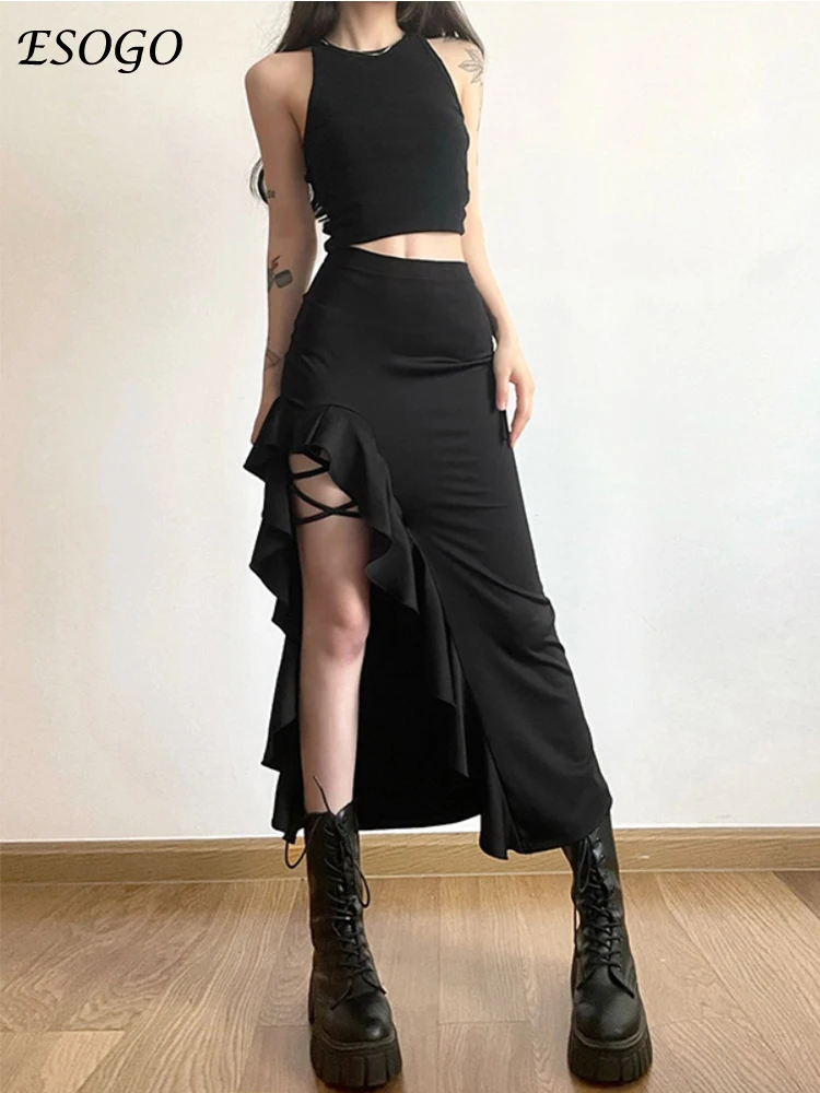 

2024 Women's Clothing Summer Korean Popular Clothes Solid Color Slim Fit Street Fashion High Waist Wrap Hip Split Half Skirt