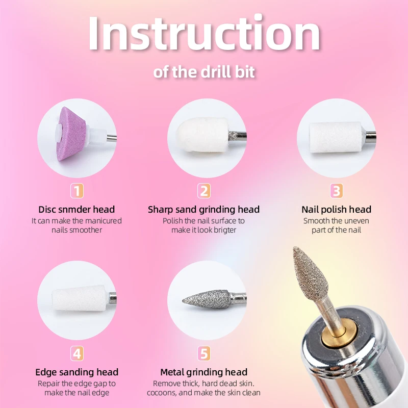 Electric Nail Polisher Drill Bits Professional Nails Grinding Polishing Dead Skin Removal Art Sanding File Pen Manicure Machine 6