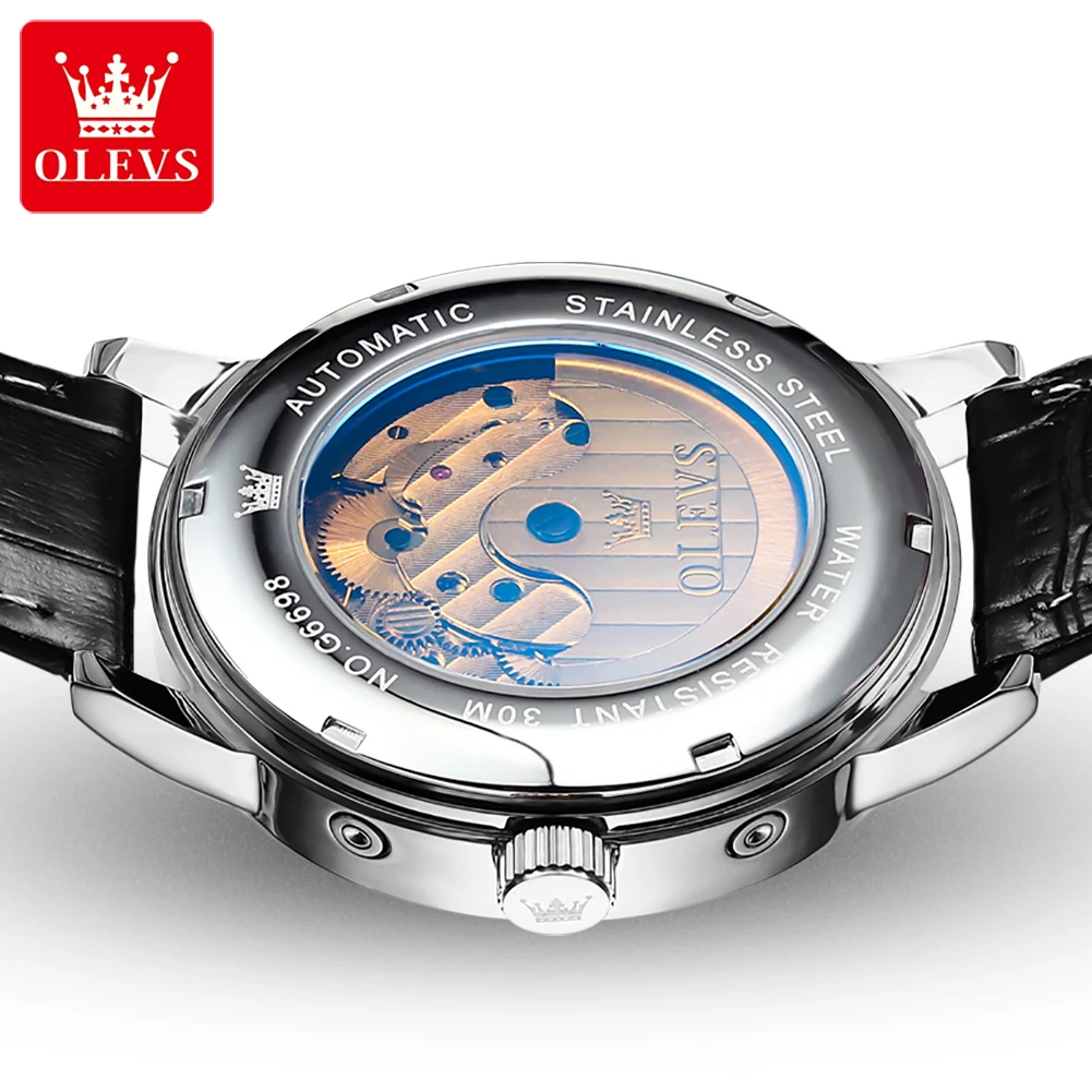 OLEVS 6698 Automatic Mechanical Watch For Man Multifunctional Luminous Waterproof Leather Strap Original Top Brand Luxury Gifts
