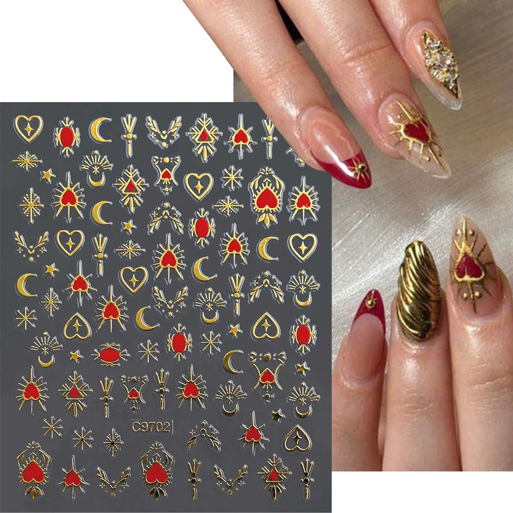 1pcs 3D Bronzing Gold Love Heart Nail Art Stickers Y2K Holographic Stars Sun Sliders Starlight DIY Decals Manicure Decoration 2