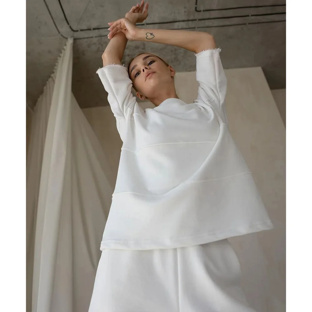 Summer 100% Cotton Solid Color T-Shirt Shorts Set Women's Sports Two Piece Set Loose Spliced T-Shirt+Sports Shorts Set