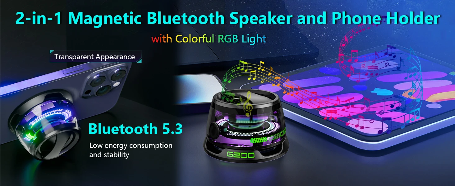 Altavoz Bluetooth portátil G200 con iluminación RGB, altavoz magnético BT5.3, Mini caja de sonido, soporte para teléfono con reproducción de 7 horas