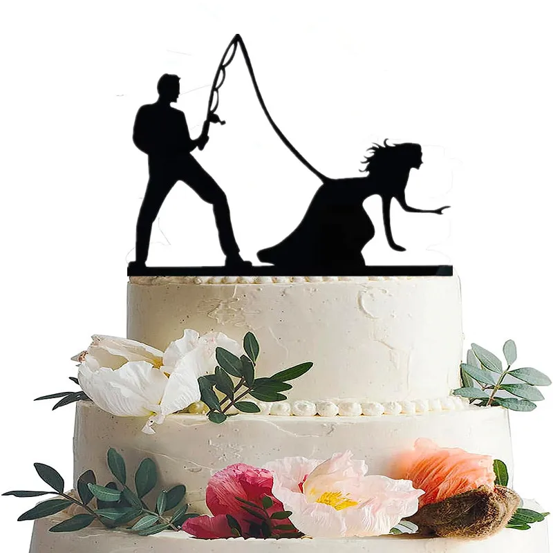 Cake On Fishing Bride Catching Groom Funny Wedding Cake Topper Decor- Bride  And Groom Set Black Acrylic Topper