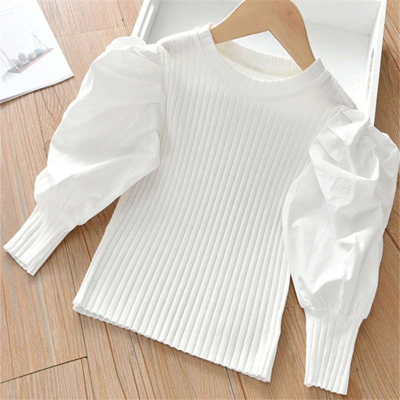 Girls Puff Sleeve T-shirt Spring 2021 New Children's Fashion Long Sleeve T-shirt Baby Wearing Knitwear Kids Girl Bottoming Shirt