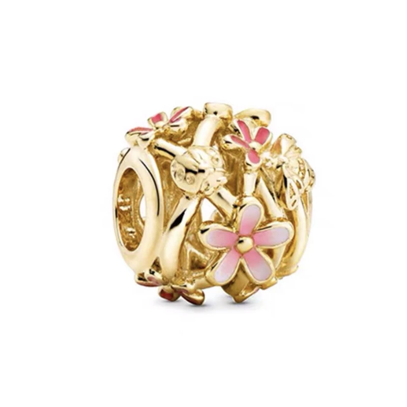 Openwork Pink Purple Golden Blue Daisy Flower Charm Bead Fit Original European Silver 925 Bracelet Necklace DIY Women  Jewelry 3